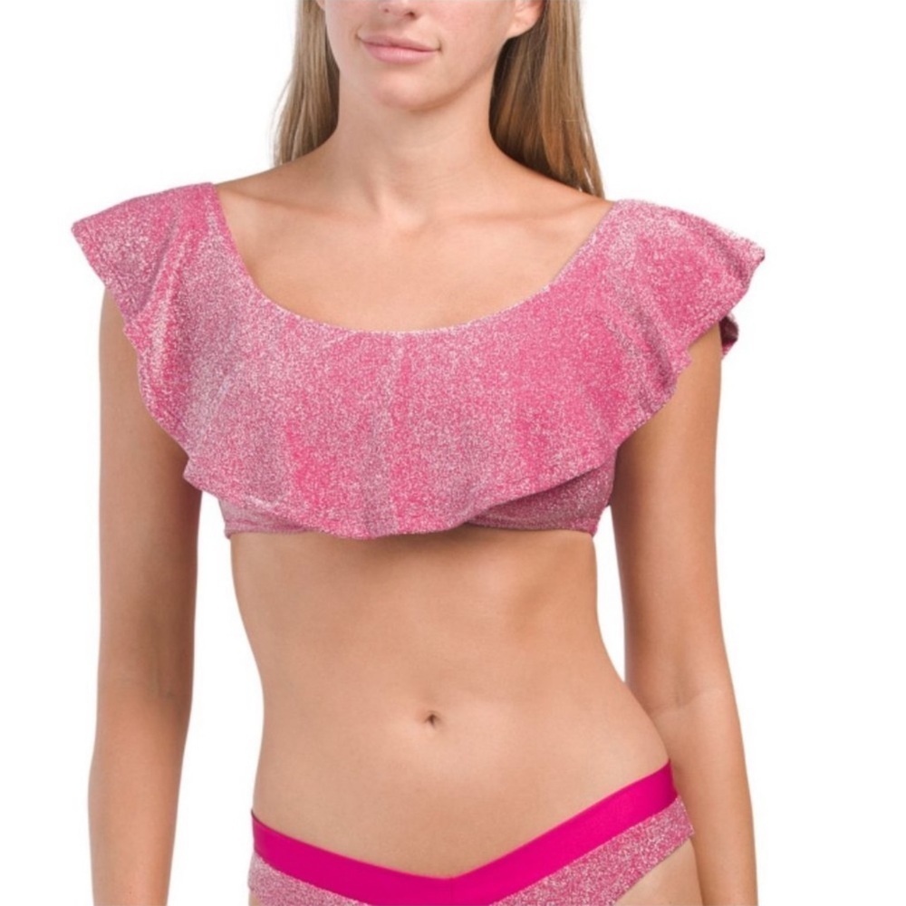 Trina Turk [Size 10] Pink Cosmos Glitter Off the Shoulder Bikini Swim Top - EUC